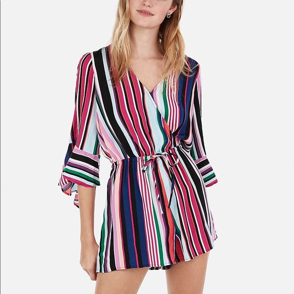 Express Pants - Express | Striped Surplice Bell Sleeve Romper NWT